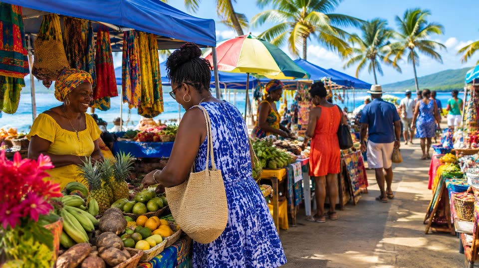 A lively market where locals and tourists mingle around various stalls.
