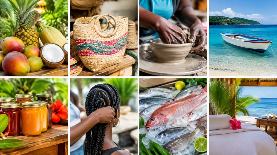 A vibrant assortment of local crafts, food, and services promoting Caribbean culture.